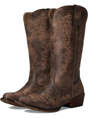 Women’s Brown Riley Scroll Western Boot 12” Shaft Vintage Boots Snip Toe Boots